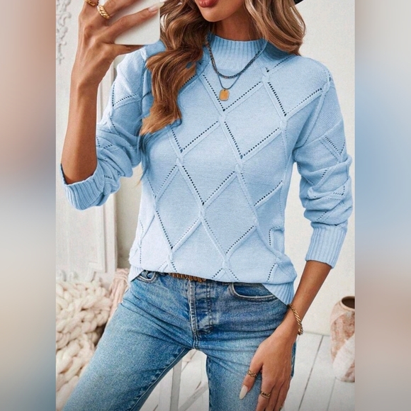 New Pointelle Cable Knit Sweater Top Long Sleeve Light Blue - Picture 3 of 10